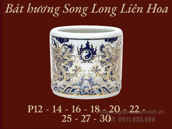 Bát hương song long liên hoa men lam vẽ vàng cao cấp tại Gốm Sứ Tâm Việt